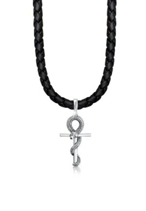 Kuzzoi Kette mit Anhänger »Herren Kreuz Schlange Leder Oxidiert 925 Silber«